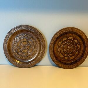 Vintage Hand-Carved Wooden Wall Plates 
Geometric Folk Art Pair